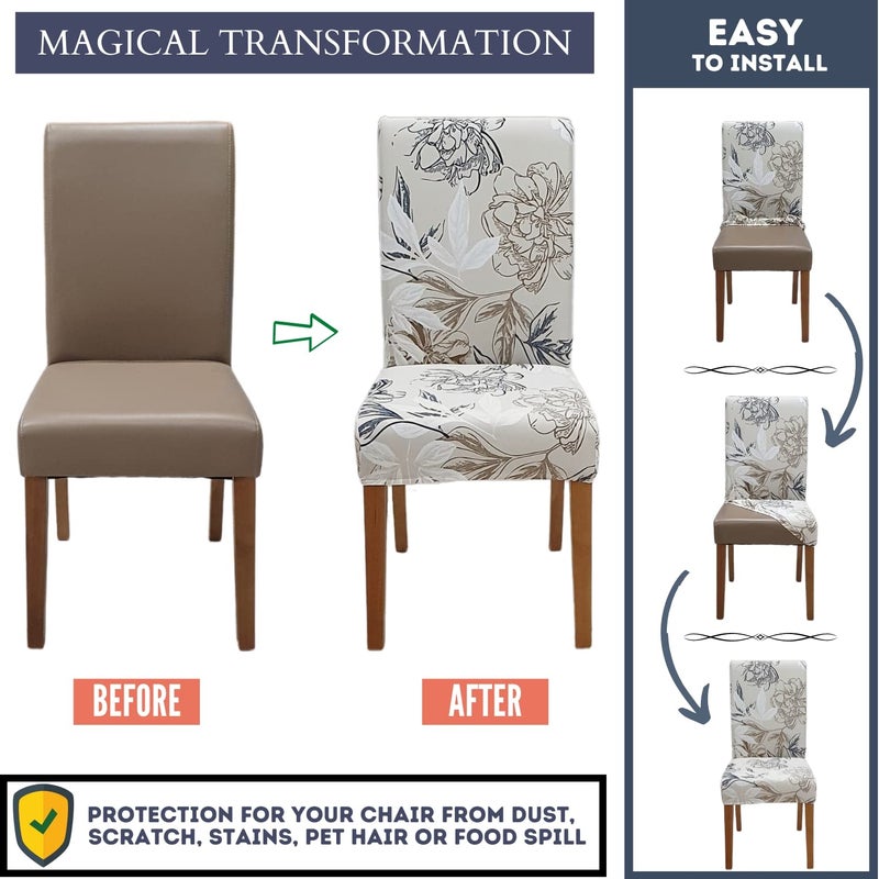 SPRINGRICO Chair Covers for Dining Room 6 Pack, Stretch Dining Chair Cover, Washable Spandex Kitchen Parsons Chair Slipcovers, Removable Seat Protector for Home or Party (Set of 6, Floral Beige) - Image 4