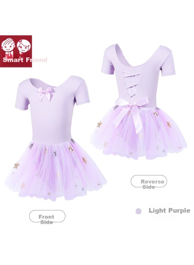 Smart Friends Zhiyouban Girls Dance Costume Children's Performance Dress Summer Short Sleeve Princess Puff Skirt Dance Practice Performance Outfit Z7707 Purple 160cm - Image 1