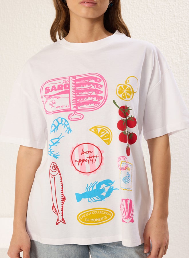 trendyol White Printed 100% Cotton Wide Fit T-Shirt - Image 3