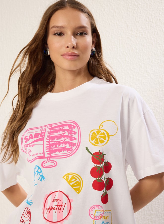 trendyol White Printed 100% Cotton Wide Fit T-Shirt - Image 2