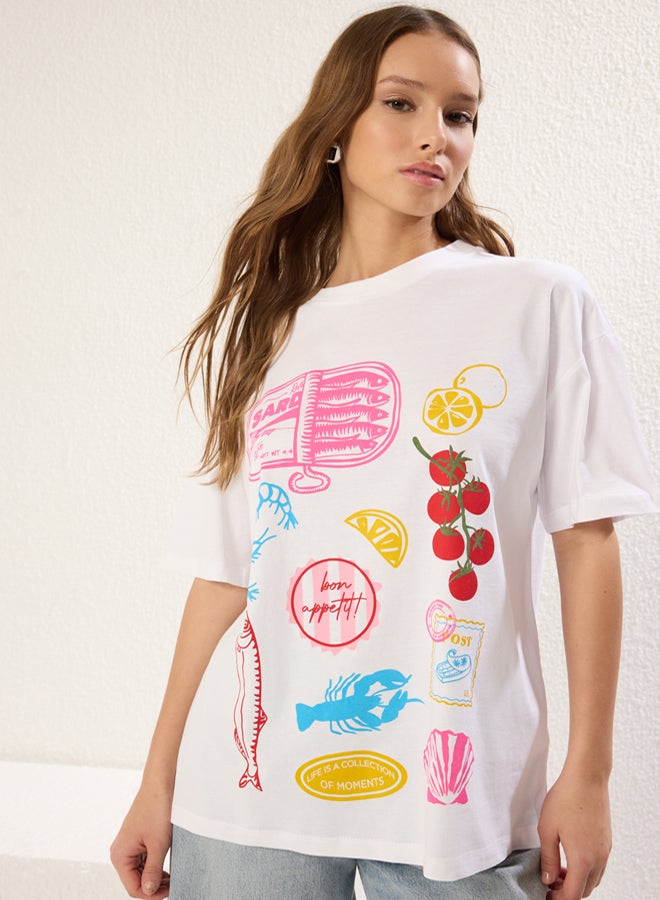 trendyol White Printed 100% Cotton Wide Fit T-Shirt - Image 1