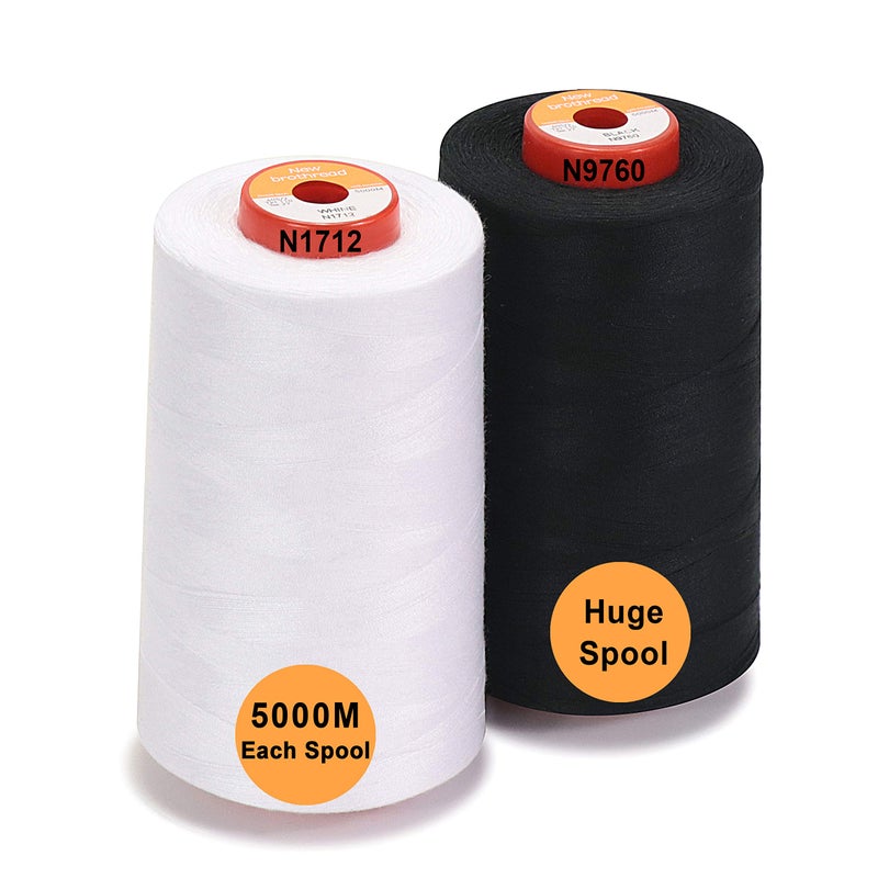 New brothread  30 Options  2 Large Cones of 5500Y 5000M Each All Purpose Spun Polyester Thread 40S2 Tex27 for Serger Overlock Quilting Piecing and Sewing  1 White  1 Black