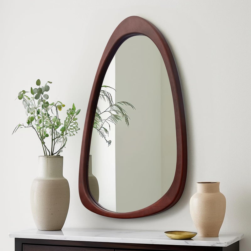 sawsile Irregular Wall Mirror for Bathroom,Wood Asymmetrical Rustic 19.5 x 30.5 inch Farmhouse Vanity Unique Walnut Decorative Large Mirror for Entryway,Bedroom,Living Room,Washroom - Image 1