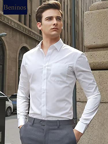 Beninos Mens Slim Fit Solid Point Collar Button Down Dress Shirt (CD01 White, M) - Image 3