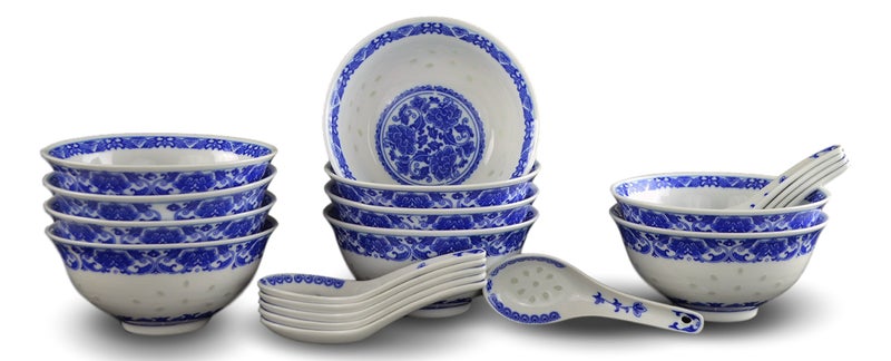 10 Pcs Fine Porcelain Blue and White Rice Pattern Bowls Cereal Bowls Rice Bowls with Free 10 Porcelain Spoons Jingdezhen China