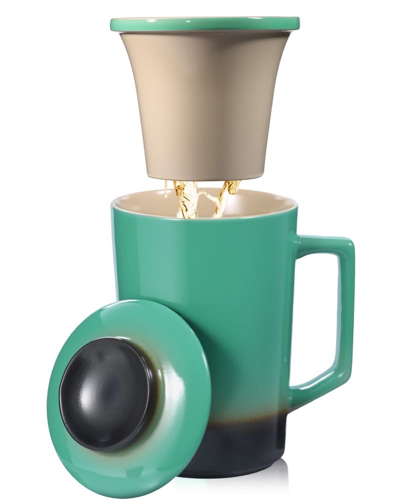 Foinly 15 OZ Porcelain Tea Infuser Cup with Lid,Ceramic Tea Mug with All-Porcelain Strainer for Loose Leaf Teas,Microwave and Dishwasher Safe Tea Mug,Metal-Free,BPA-Free for Tea Lovers/Valentine's Day(Green) - Image 1