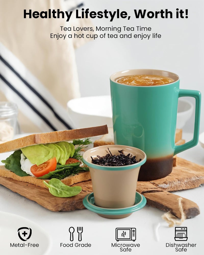 Foinly 15 OZ Porcelain Tea Infuser Cup with Lid,Ceramic Tea Mug with All-Porcelain Strainer for Loose Leaf Teas,Microwave and Dishwasher Safe Tea Mug,Metal-Free,BPA-Free for Tea Lovers/Valentine's Day(Green) - Image 4