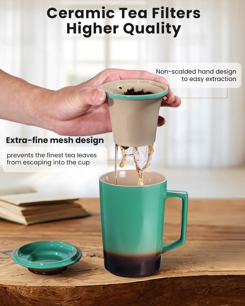 Foinly 15 OZ Porcelain Tea Infuser Cup with Lid,Ceramic Tea Mug with All-Porcelain Strainer for Loose Leaf Teas,Microwave and Dishwasher Safe Tea Mug,Metal-Free,BPA-Free for Tea Lovers/Valentine's Day(Green) - Image 3