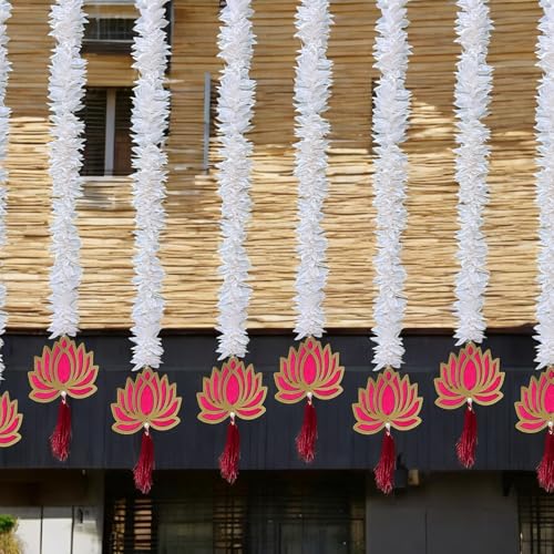 Rajasthan Kraft باقة من 6 زهور صناعية من راجستان كرافت مع لوتس خشبي معلق | بطول 32 بوصة | مجموعة إكليل صناعي | زهور بيضاء معلقة على الأبواب | عناصر تزيين المعبد لسانكرانتي، أوغادي، جودي بادوا. - Image 3