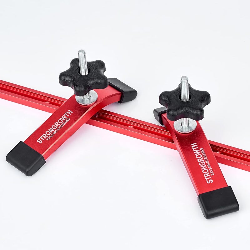 STRONGROWTH 24"X2pk T track with 2pk Hold Down Clamps - Double Cut Profile Universal T-Track Clamps, 6-3/8"L x 1-1/4"W - Woodworking and t slot clamp - Fine Sandblast Anodized - Red Color - Image 1