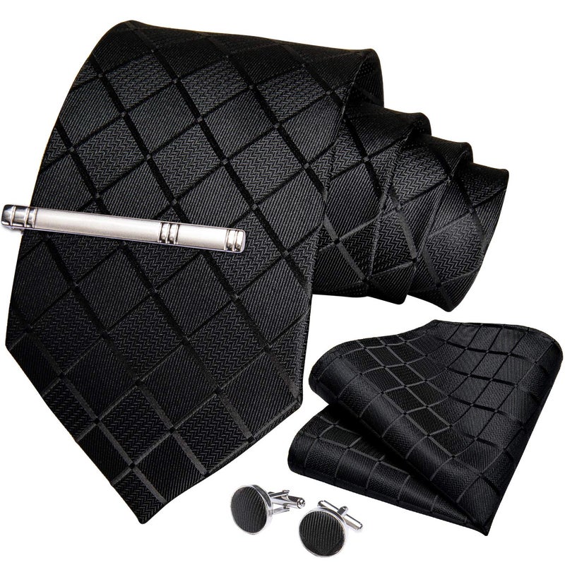 DiBanGu Plaid Ties for Men Silk Checkered Necktie and Pocket Square Cufflinks Tie Clip Set with Gift Box for Wedding Business, Black - Image 2