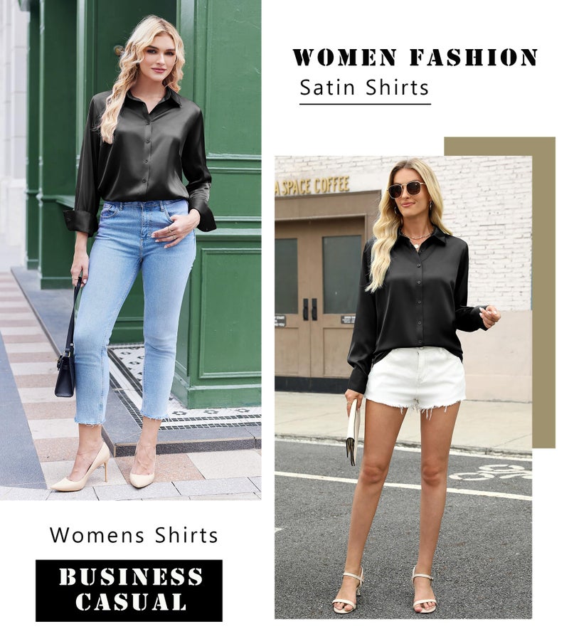 Zeagoo Satin Blouses for Women Black Silk Button Up Shirt Professional Work Tops Black - Image 4