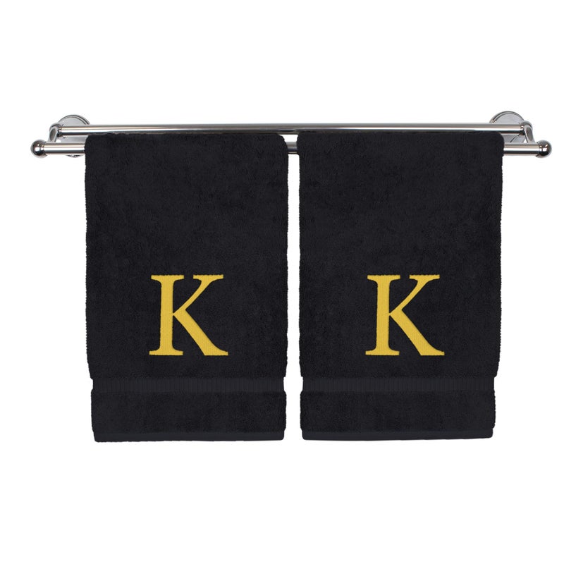 BC BARE COTTON Monogrammed Hand Towel  Personalized Gift  Set of 2- Gold Block Letter Embroidered Towel - Extra Absorbent 100% Turkish Cotton - Soft Terry Finish - Initial K Black - Image 1