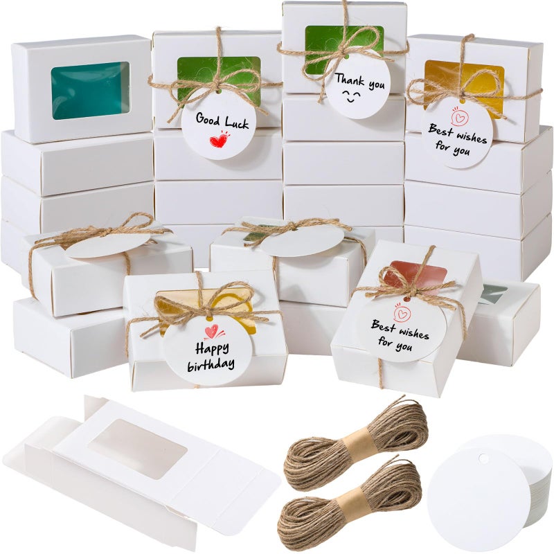 Zhanmai 100 White Set Small Soap Boxes for Homemade Soap 335 x 236 x 12 Inch with 100 Tags and Twines and Packaging Boxes with Window Gift Wrapping Supplies for Bakery Candy Cookies Party Favors