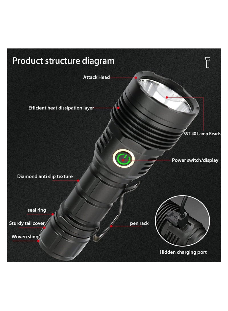 30000 High Lumens SST40 LED Torch with Power Display Super Bright Rechargeable Flashlight Type C Fast Charging Flash Light with 5 Modes IPX6 Waterproof Durable Torches for Camping Hiking Emergency  - Image 5