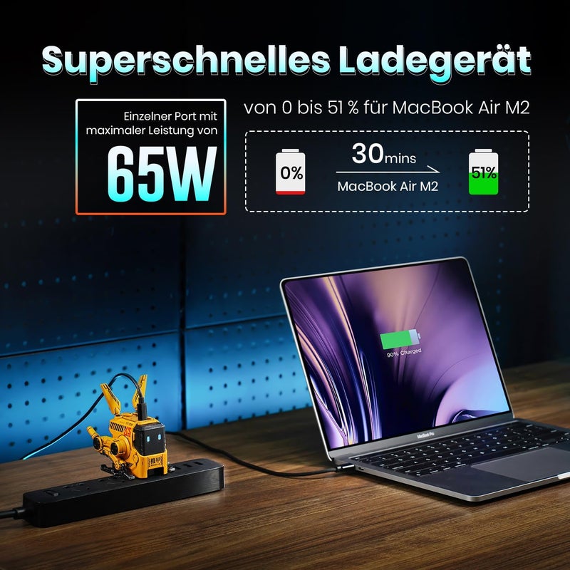 جرافا ستار شاحن حائط Alpha65 GaN بقدرة 65 واط - أصفر متضرر من الحرب (مقبس EU-UK)، منفذا USB Type-C PD ومنفذ USB Type-A واحد، شحن سريع بتقنية GaN، 8 حمايات مدمجة مختلفة - Image 3