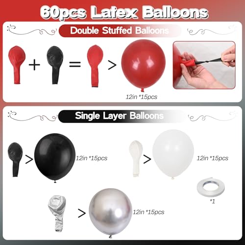 Paeyeq Red Black Balloons 60 Pcs 12 Inch Double Stuffed Red Matte Black White Balloon with Metallic Silver Balloon for Halloween Vampire Prom New Year Race Car Theme Birthday Poker Card Party Decorations - Image 5