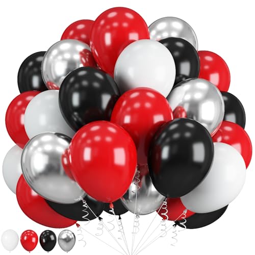 Paeyeq Red Black Balloons 60 Pcs 12 Inch Double Stuffed Red Matte Black White Balloon with Metallic Silver Balloon for Halloween Vampire Prom New Year Race Car Theme Birthday Poker Card Party Decorations - Image 1