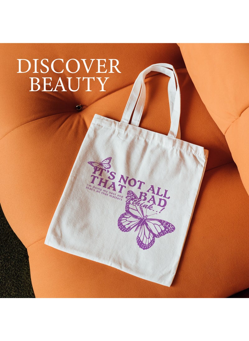 Bright Stone "IT'S NOT ALL THAT BAD" Purple Butterfly Cotton Tote Bag - Unisex  - Image 3