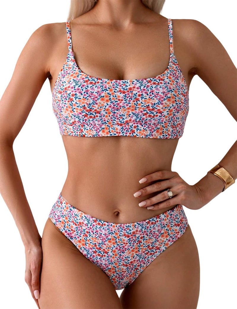 YIMISAN Women's Two Piece Swimsuit Floral Print Bikini Set Spaghetti Straps Scoop Neck Mid Waist Cheeky Bathing Suit - Image 1