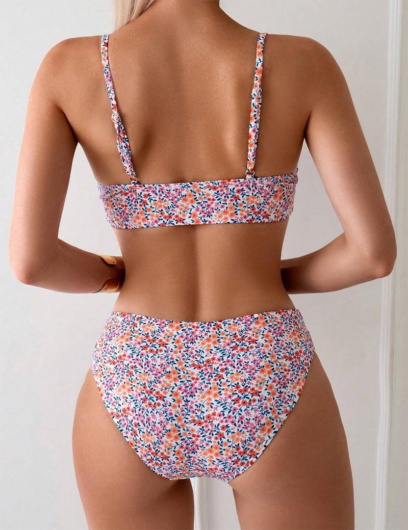 YIMISAN Women's Two Piece Swimsuit Floral Print Bikini Set Spaghetti Straps Scoop Neck Mid Waist Cheeky Bathing Suit - Image 3
