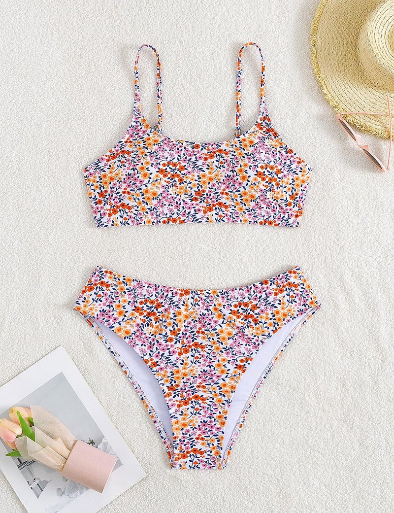 YIMISAN Women's Two Piece Swimsuit Floral Print Bikini Set Spaghetti Straps Scoop Neck Mid Waist Cheeky Bathing Suit - Image 4