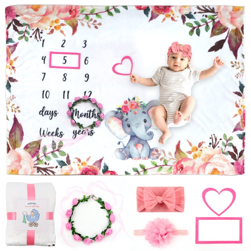 SPOKKI SPOKKI 6 PCS Baby Monthly Milestone Blanket Girl 60x40Fleece Monthly Blanket Newborn with Headband for Photography Background Prop and Mom Nursery Shower Gift Pink