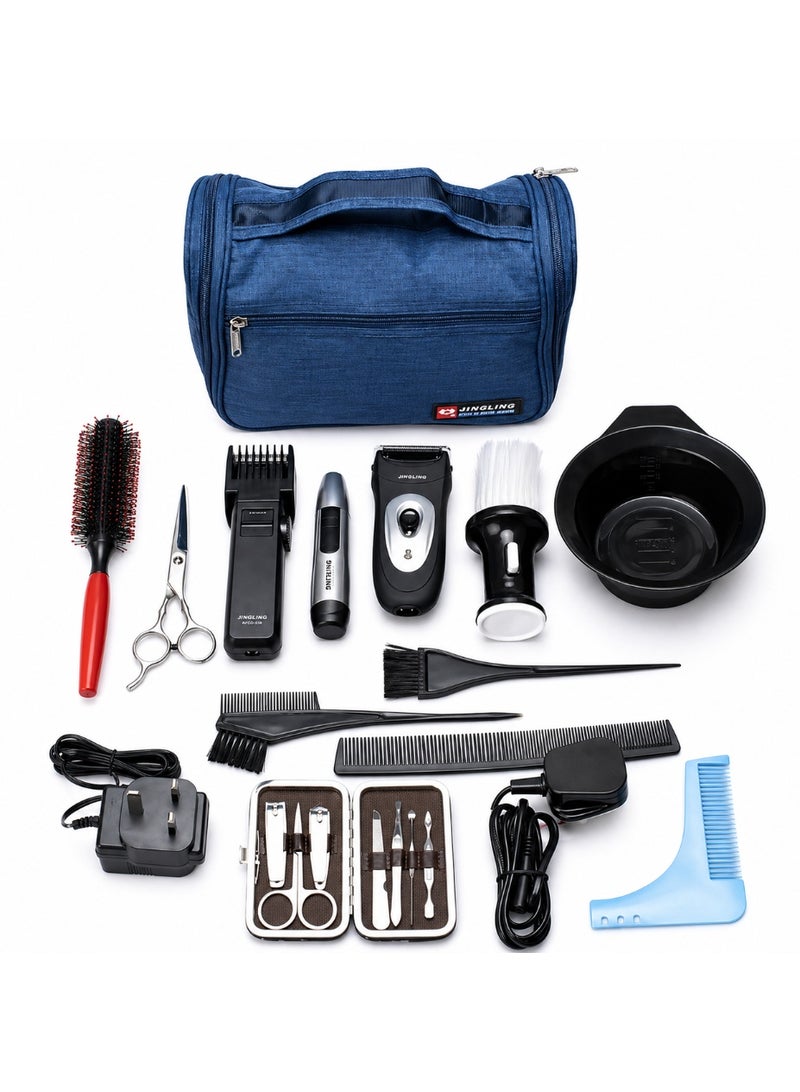DL-807 Dingling Professional Men’s Hair & Beard Trimming Set – Full Grooming Toolkit with Power Trimmer, Combs, Styling Tools, and Hanging Toiletry Case – Exclusive Travel Edition