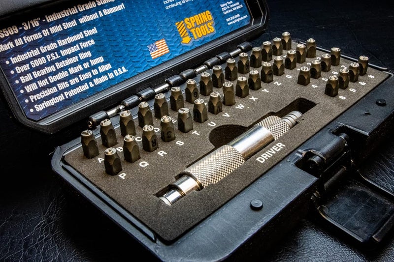Spring Tools HDIDS509 Hammerless Metal Stamping Kit, 3/16" 39-Piece Alphanumeric Steel Stamps, 5000 LBS Force, A-Z, 0-9, Heavy-Duty Case, USA-Made, ID Stamp, Number and Letter Punch - Image 2