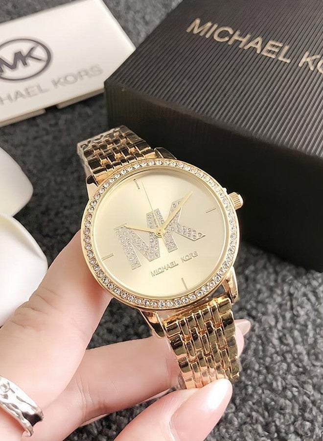 MK Michael Kors Classic Men's and Women's Fashion Multi functional Alloy Round Quartz Watch Stainless Steel Strap 35CM