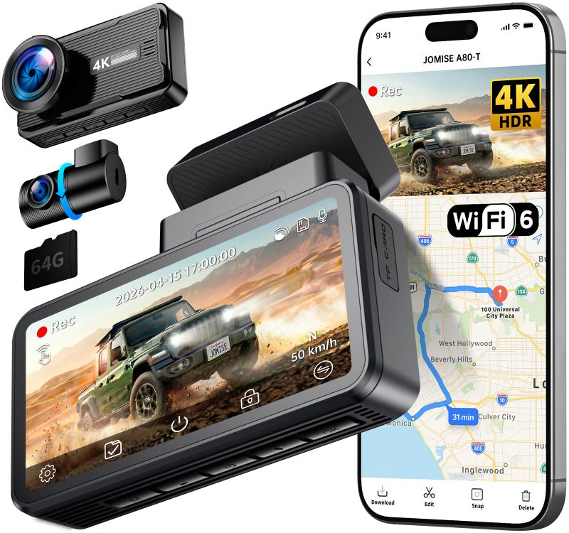 JOMISE 4K Dash Cam Front and Rear 360 Interior Rear Camera for Cabin Side Rear Dash Camera for Cars with 64GB Card LowLight Sensor WiFi 6 GPS Touch Screen HDR WDR Support 1TB A80T - Image 2