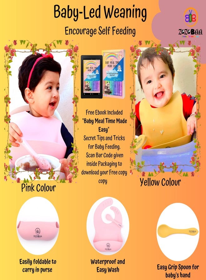 ZoZoBaa Silicone Baby Bib with Easy Grip Spoon For Feeding Toddlers|Waterproof & Reusable Bib with button for Infants |Soft, Light Weight, BPA Free, Pack of 4, Mango Yellow & Pink - Image 4