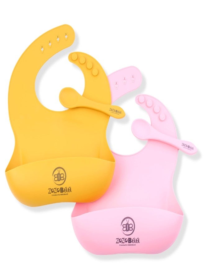 ZoZoBaa Silicone Baby Bib with Easy Grip Spoon For Feeding Toddlers|Waterproof & Reusable Bib with button for Infants |Soft, Light Weight, BPA Free, Pack of 4, Mango Yellow & Pink - Image 1
