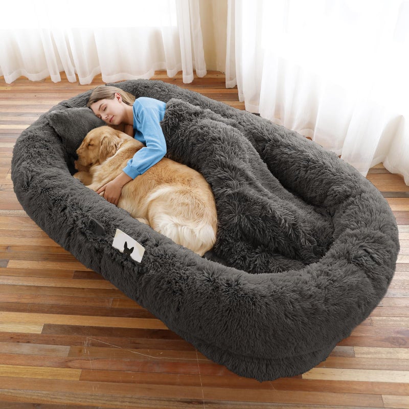 WROS Human Dog Bed, 71''x45''x12'' Size Fits You and Pets, Washable Faux Fur Pet Bed for People Doze Off, Napping Orthopedic Dog Bed, Present Plump Pillow, Blanket, Strap - Dark Grey - Image 1