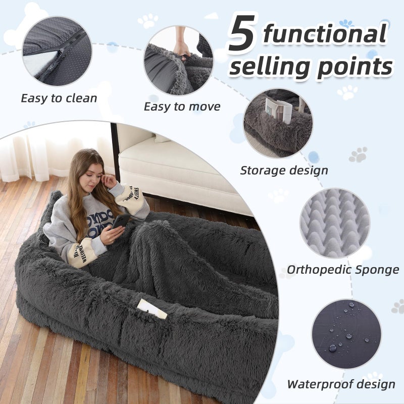 WROS Human Dog Bed, 71''x45''x12'' Size Fits You and Pets, Washable Faux Fur Pet Bed for People Doze Off, Napping Orthopedic Dog Bed, Present Plump Pillow, Blanket, Strap - Dark Grey - Image 3
