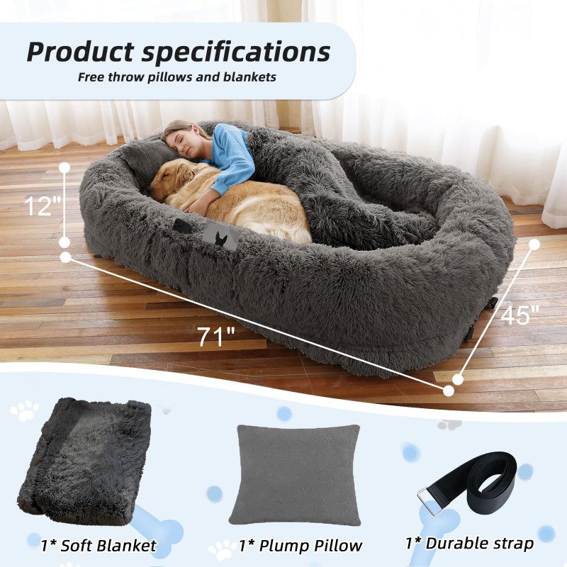 WROS Human Dog Bed, 71''x45''x12'' Size Fits You and Pets, Washable Faux Fur Pet Bed for People Doze Off, Napping Orthopedic Dog Bed, Present Plump Pillow, Blanket, Strap - Dark Grey - Image 5