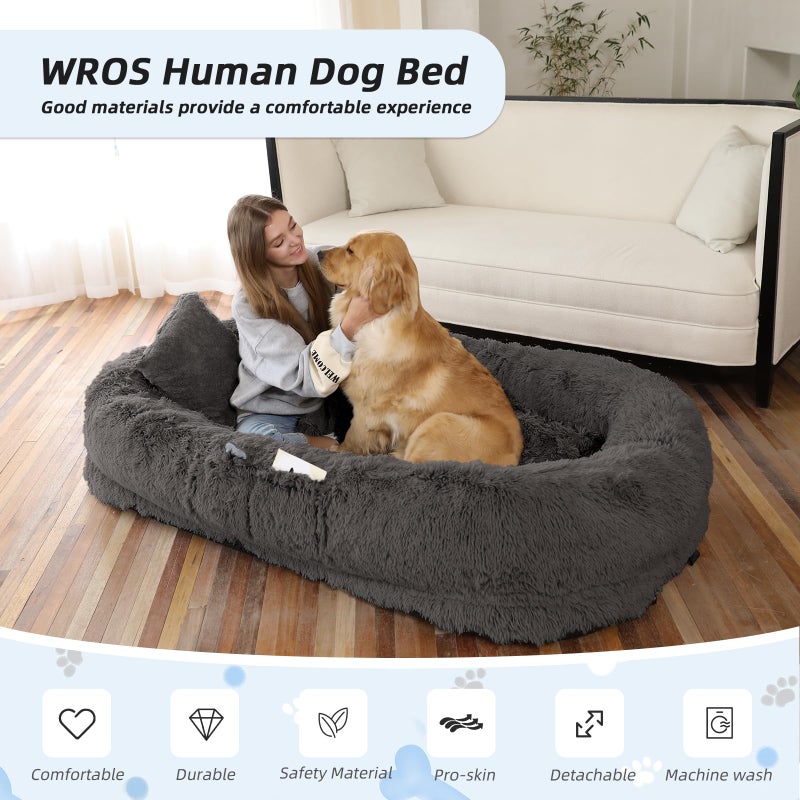 WROS Human Dog Bed, 71''x45''x12'' Size Fits You and Pets, Washable Faux Fur Pet Bed for People Doze Off, Napping Orthopedic Dog Bed, Present Plump Pillow, Blanket, Strap - Dark Grey - Image 2