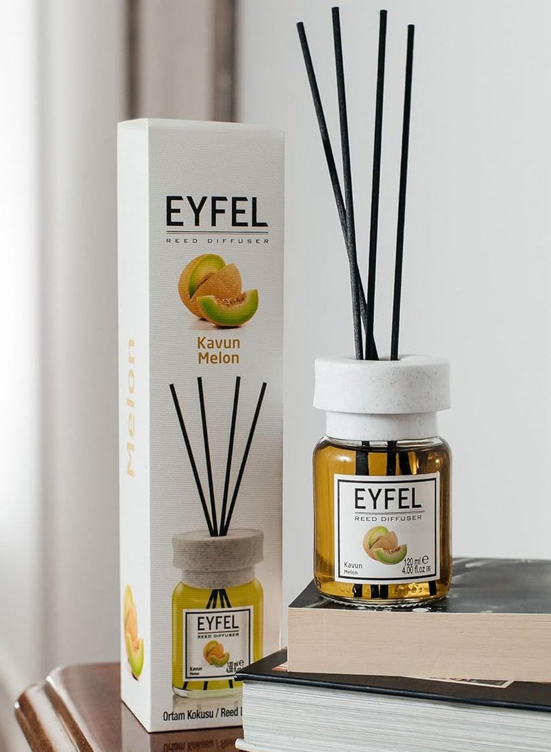 آيفيل معطر منزلي يدوم طويلاً برائحة البطيخ (كافون) 120 مل | عطر منزلي منعش بنكهة الفواكه | موزع عطور فاخر من إيفل مع 4 أعواد من الخيزران - Image 1