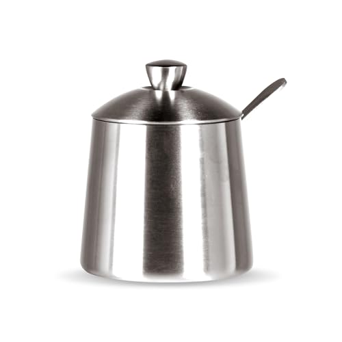Frieling USA 18/10 Brushed Stainless Steel Sugar Bowl with Lid & Spoon - 10 oz Sugar Container & Dispenser with Pour Spout - Countertop Jar with Spoon Holder for Cubes, Packets & Condiments - Image 1