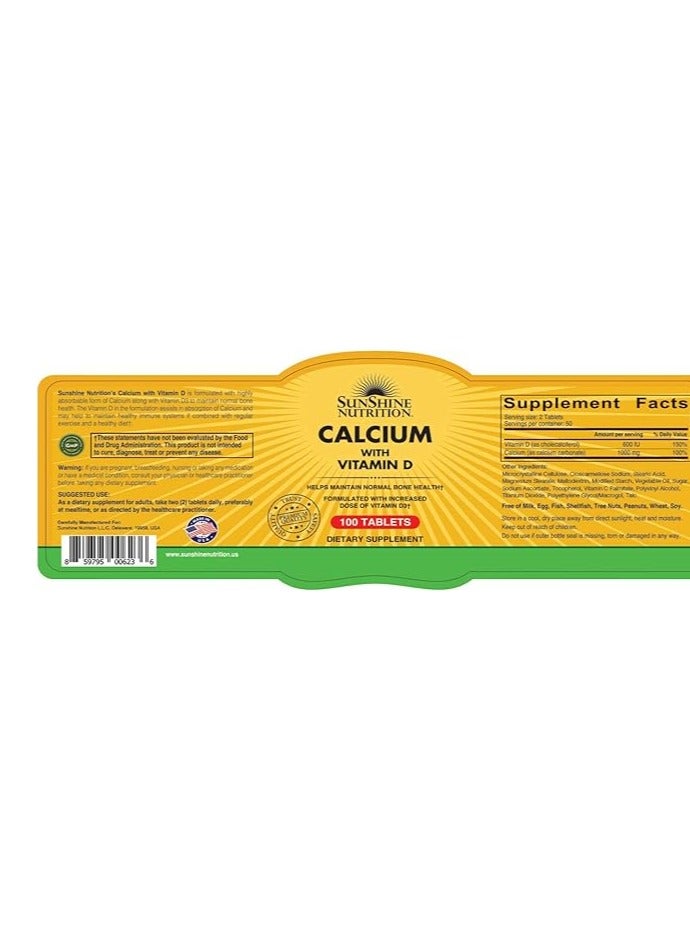 SUNSHINE NUTRITION Calcium With Vitamin D3 100 Tablets - Image 2