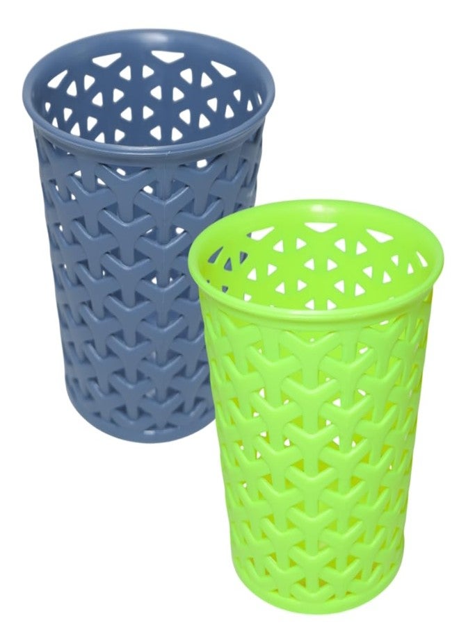 MORVI Linea Small Round Plastic Multipurpose Organizer For Kitchen, Bathroom, Salon, Office|Stationery,Cutlery,Pen,Makeup Brushes Holder|Hanging Toothbrush Stand |Pack Of 2 | GREY GREEN - Image 1