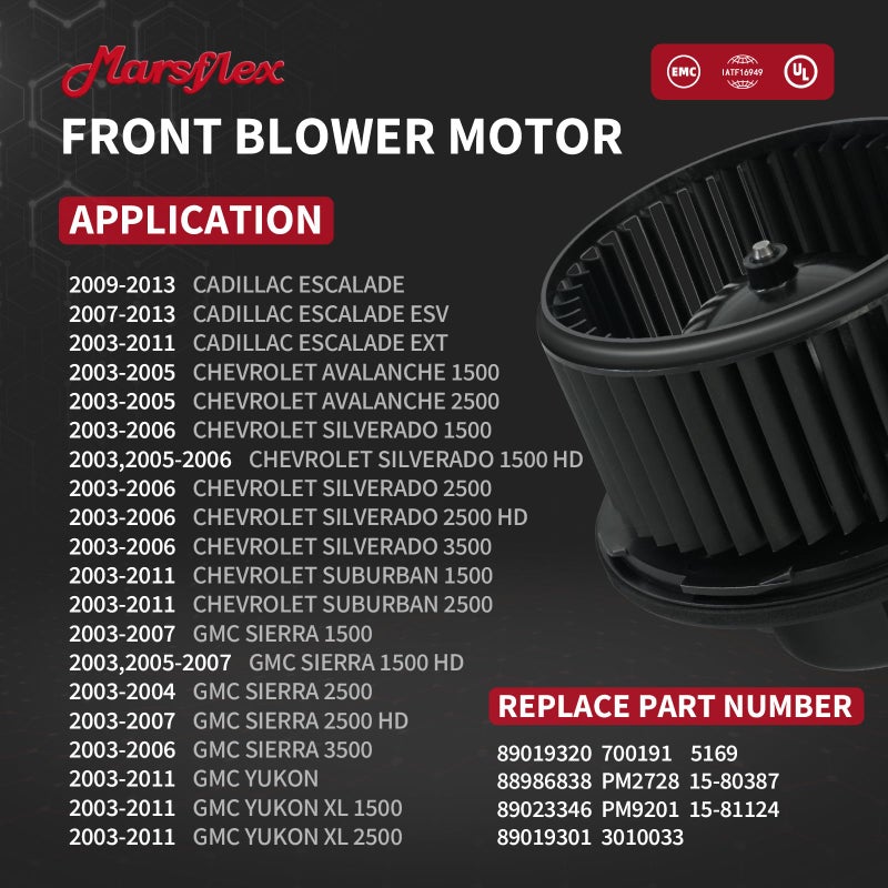 Marsflex Front Blower Motor 700191 for 2003-2011 Chevy Silverado Avalanche Suburban, for GMC Sierra Yukon, 2004 2005 2006 2007 2008 2009 2010 Automotive Replacement Blower Motor Fan OE: 88986838 - Image 2