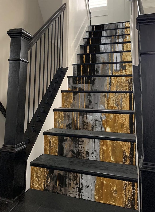 REDAMANCY Abstract Gold Black Grey Geometric Art Peel and Stick Vinyl Stair Riser Decals Staircase Tile Stickers Decor Modern Marble Decoration Self-Adhesive(14 Pcs) - Image 2