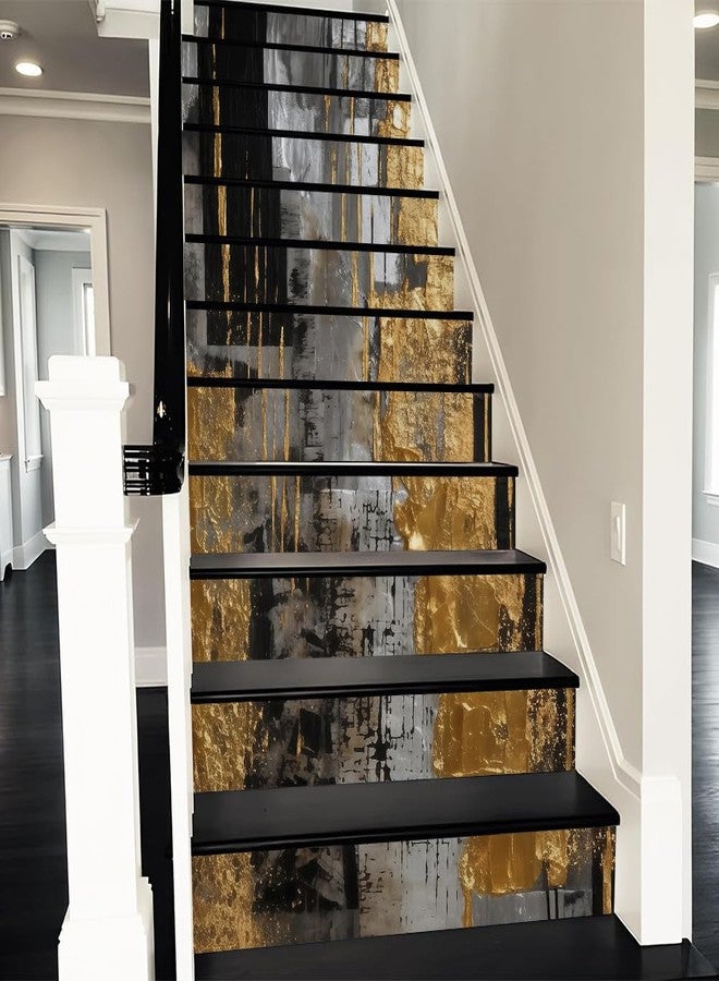 REDAMANCY Abstract Gold Black Grey Geometric Art Peel and Stick Vinyl Stair Riser Decals Staircase Tile Stickers Decor Modern Marble Decoration Self-Adhesive(14 Pcs) - Image 1