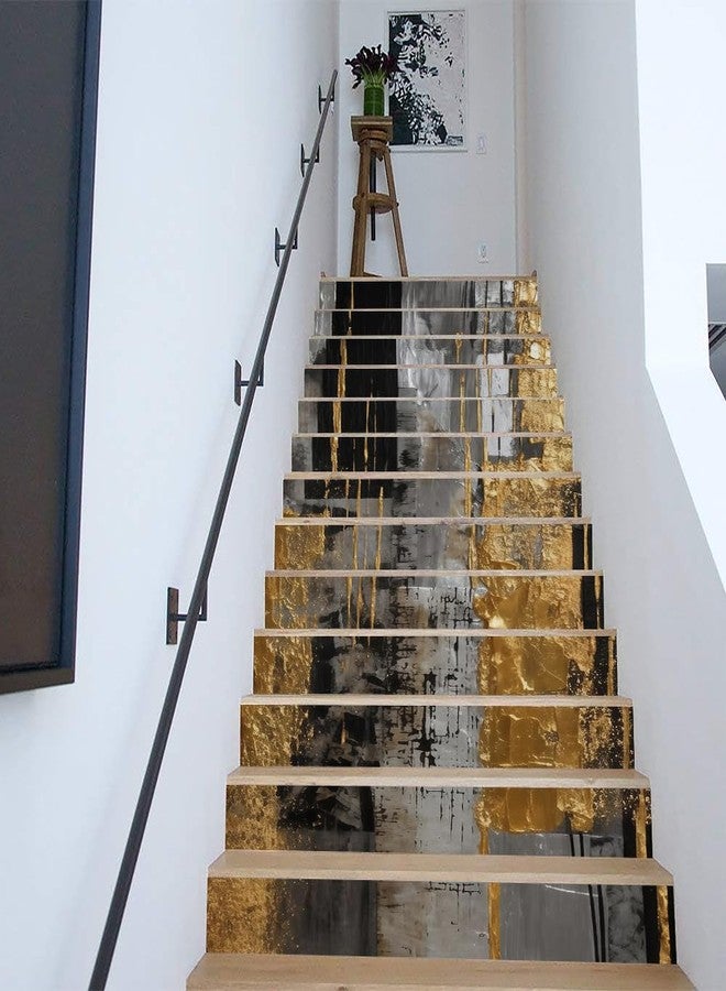 REDAMANCY Abstract Gold Black Grey Geometric Art Peel and Stick Vinyl Stair Riser Decals Staircase Tile Stickers Decor Modern Marble Decoration Self-Adhesive(14 Pcs) - Image 4