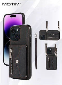 Motim iPhone 15 Crossbody Case with Lanyard Strap, iPhone 15 Leather Case Cover with Wrist Band/ Kickstand /Credit Card Holder, Protective Wallet Leather Handbag, Purse Cover Phone Case for Women Girl  - Image 1