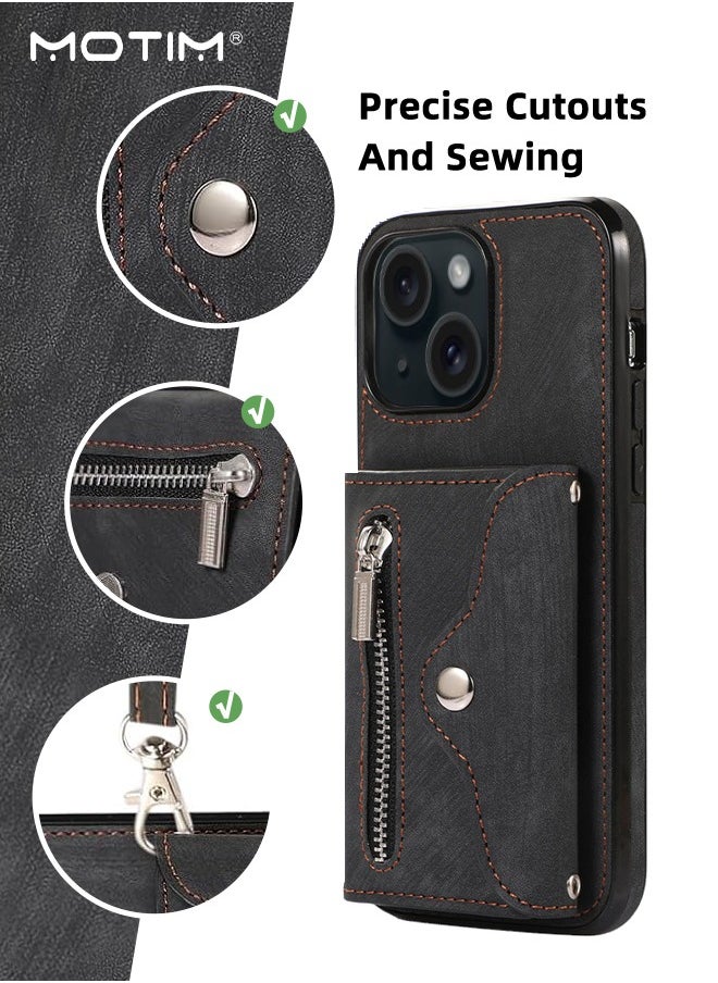 Motim iPhone 15 Crossbody Case with Lanyard Strap, iPhone 15 Leather Case Cover with Wrist Band/ Kickstand /Credit Card Holder, Protective Wallet Leather Handbag, Purse Cover Phone Case for Women Girl  - Image 5