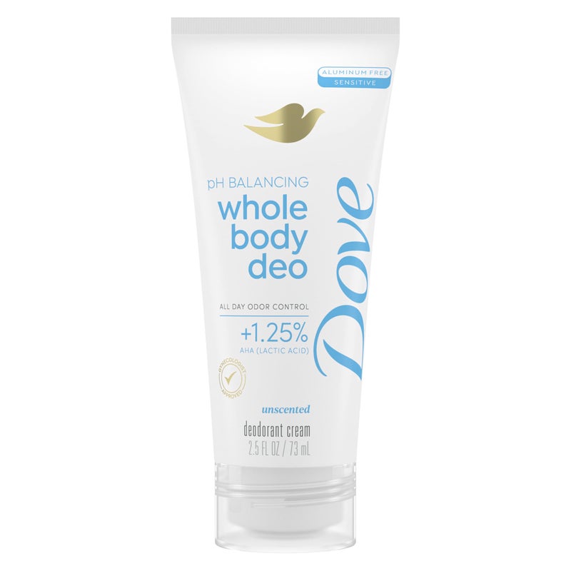 Dove Whole Body Deodorant Aluminum Free pH Balancing Cream Deodorant Unscented for 72h Odor Control 2.5 oz - Image 1