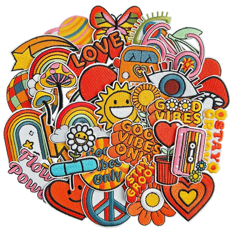 RF-patch 32Pcs Hippie Iron on Patches, Embroidered Girls Iron on/Sew on Patch for Clothes, Hats, Jeans, Dress, Backpacks - Image 1