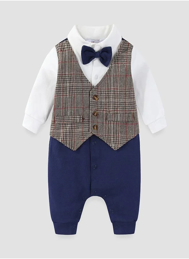 babyqlo Gentleman's Plaid Baby Romper with Bow Tie